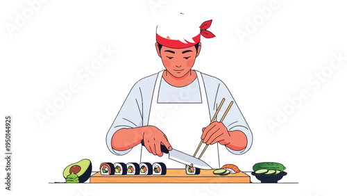 Art of Sushi Preparation: A focused chef meticulously prepares sushi rolls, demonstrating the skill and precision required for culinary artistry.