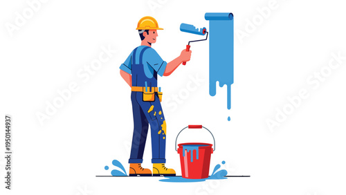 Painter at Work: A painter meticulously applies vibrant blue paint to a wall, embodying precision and skill in their craft.