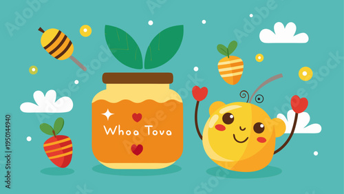 Vector illustration of smiling butter character with jar and vegetables