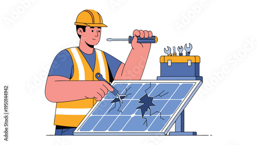 Solar Panel Repair: A skilled technician, equipped with tools, works diligently to repair a damaged solar panel, emphasizing the importance of sustainable energy and technological advancement.