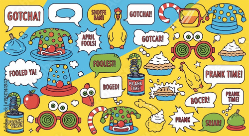 Colorful cartoon monsters and food items with speech bubbles on yellow and blue background