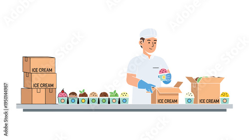 Ice Cream Preparation: A skilled individual meticulously prepares ice cream, placing scoops into boxes for distribution and enjoyment. The scene is one of precision, care.