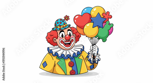 A cheerful clown holding colorful balloons against a clean white background with a joyful mood.