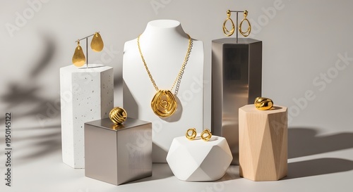 Modern gold jewelry collection featuring abstract necklaces, earrings, and rings on geometric stone and wood pedestals.