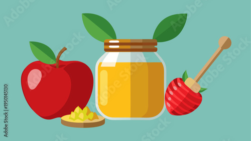 Vector honey jar with fruit and honey dipper