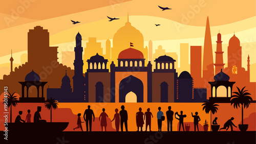 Vector cityscape with mosque and people silhouette