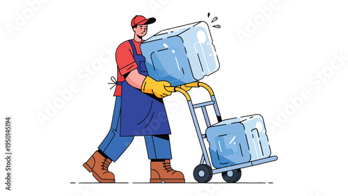 Ice Delivery Service: An illustration depicting a dedicated worker efficiently transporting large ice blocks using a sturdy hand truck, emphasizing the importance of delivering cold goods.