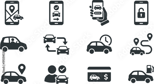 Professional Car Sharing and Ride-Hailing Icon Set Featuring Smartphone Booking GPS Navigation Vehicle Tracking and Urban Mobility Silhouettes