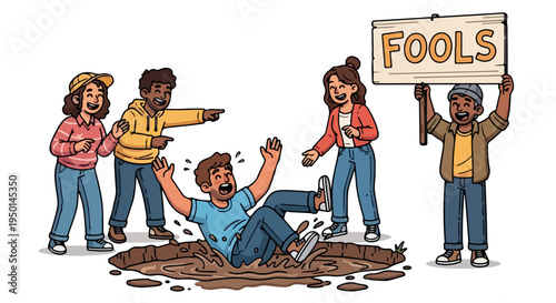 Cartoon illustration of a man falling into a pile of feces while four people stand around him, one holding a sign reading 'FOOLS' on a white background with a humorous and satirical mood.