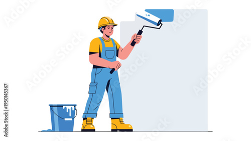Craftsman at Work: A painter in work uniform meticulously applies a fresh coat of blue paint to a wall, accompanied by a bucket of paint and a roller, symbolizing home improvement and construction.