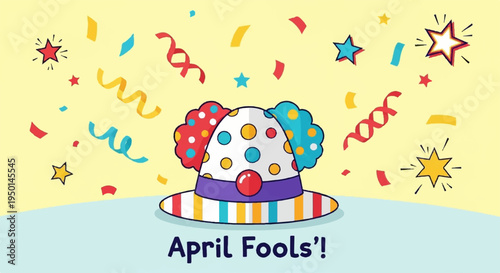 Colorful party hat with confetti and stars on yellow background for april fools' day celebration
