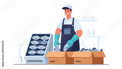 Fish Processing Illustration: A skilled worker processes fresh fish in a clean, organized setting, showcasing the care and precision of the industry.