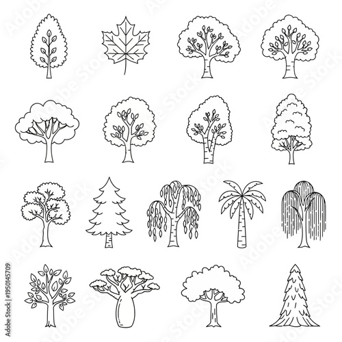 Collection of various tree illustrations.
