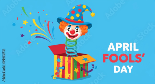 Smiling clown emerging from colorful box on april fools' day with confetti