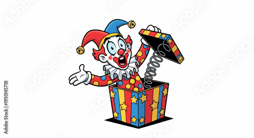 A colorful cartoon clown emerging from a vibrant jack-in-the-box with a playful and whimsical mood against a clean white background.