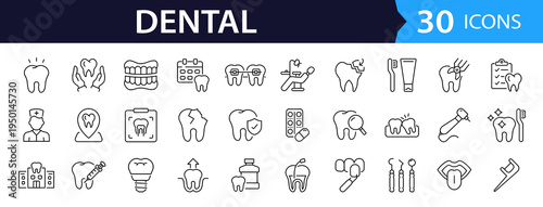 Dental Web Icon Set in Linear Style. Collection of dentistry, line icons, including tooth, implant, dentist, stomatology, smile, caries, braces, toothbrush, toothpaste and more. Editable stroke