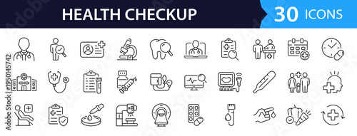 Health checkup Web Icon Set in Linear Style. Collection of medical check up, line icons, including healthcare, diagnosis, hospital, stethoscope, tests, health insurance, patient. Editable stroke
