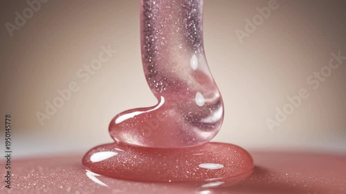 Video of glossy lip gloss drip with viscous shine texture in extreme close-up, luxury beauty cosmetic concept, skincare branding background, high-end makeup product aesthetic.
