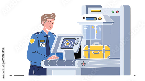 Airport Security Check: A security officer meticulously monitors the scanning of luggage at an airport, symbolizing safety and vigilance in modern travel.