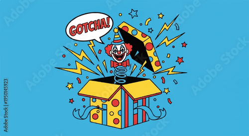 Surprised clown emerging from colorful gift box with gotcha speech bubble lightning bolts and confetti on blue background