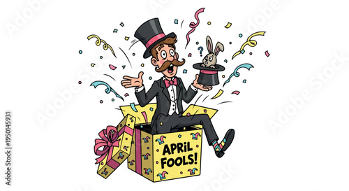 Cartoon man in top hat and suit jumping out of a yellow gift box with 'APRIL FOOLS!' written on it, surrounded by colorful confetti and ribbons on a white background.