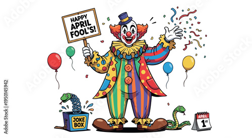 A colorful clown holding a sign that reads 'Happy April Fools' surrounded by balloons and confetti on a white background with a playful mood.