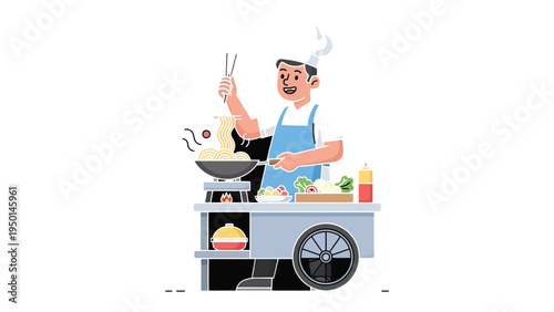 Chef's Culinary Creation: A skilled chef, at his mobile street cart, masterfully prepares a flavorful dish. The aroma of cooking food fills the air, as the chef stirs the ingredients with precision.