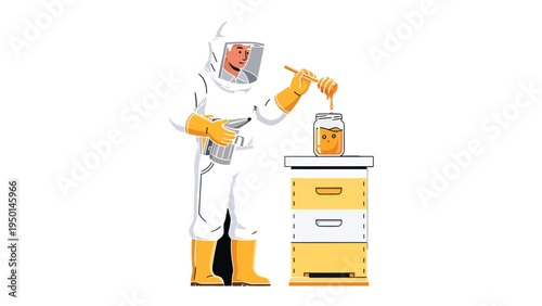 Beekeeper Harvesting Honey: A beekeeper meticulously harvests golden honey, showcasing the art and care in beekeeping. This illustration portrays a dedication to the craft.