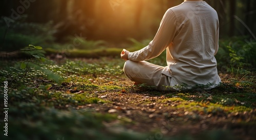 Meditating in Nature: Person in Lotus Pose, Forest Sunlight, Serenity and Mindfulness
