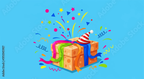 Colorful gifts with party hat and confetti on blue background celebrating a special occasion or birthday