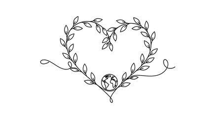 Earth Day Heart with Leaves and Globe Line Art Illustration