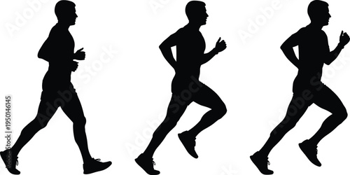 Black silhouette of a male athlete running in three different motion sequences isolated on white background for sports fitness design.