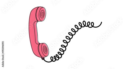 A pink telephone receiver with a coiled cord on transparent background
