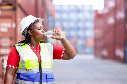 African woman engineer with safety vest and helmet drinking water during working at logistic shipping cargo container yard. Female foreman worker feeling thirsty while working hard at container yard