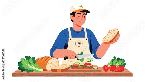 Sandwich Artist: A skilled artisan meticulously crafts a delicious sandwich, slicing fresh ingredients with precision and care, creating a culinary masterpiece with every detail.