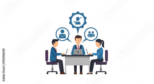 Business team discussing strategy with speech bubbles and laptops in a meeting