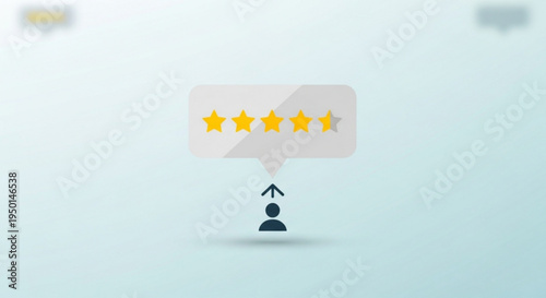 Person icon with five star rating speech bubble on gradient background symbolizing excellent feedback and review