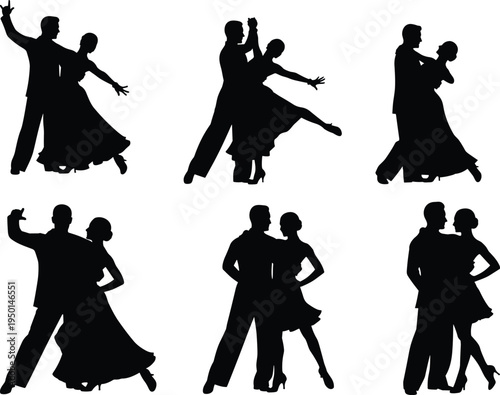 Elegant ballroom dance silhouettes featuring professional couples performing romantic waltz tango and salsa poses for graceful artistic social dancing competition designs