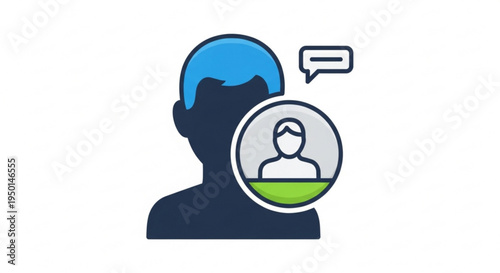 Person silhouette with speech bubble and profile icon representing communication and social interaction online