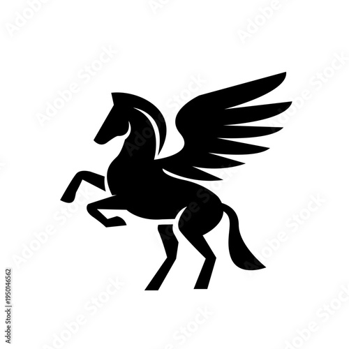 Black Silhouette of Rearing Pegasus with Wings, Mythical Flying Horse Icon