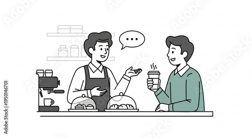 Barista and customer chatting at coffee shop counter with pastries and espresso machine