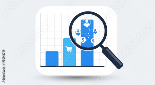 Financial analysis with magnifying glass on bar chart examining business growth and investment trends