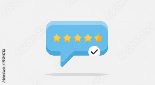 Five star rating speech bubble with checkmark on white background symbolizing excellent review or feedback