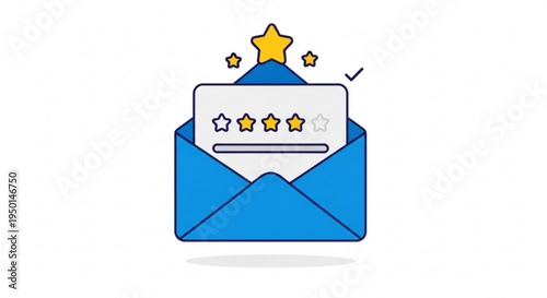 Email notification with five star rating feedback and review on blue envelope conveying satisfaction and approval
