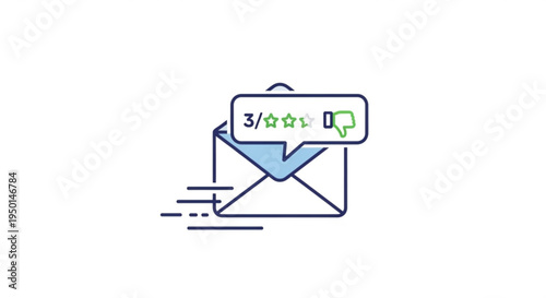 Email notification icon with rating stars and speech bubble on a white background