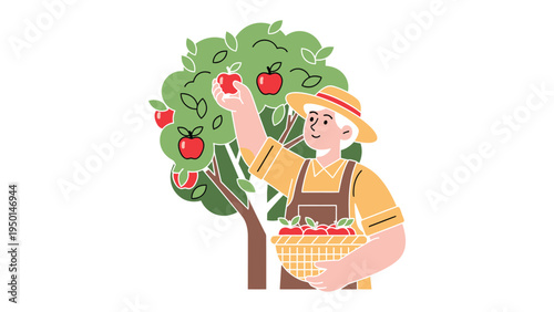 Harvest Season: A diligent figure, harvests ripe apples from the verdant boughs of a fruitful apple tree, a basket of freshly picked produce.