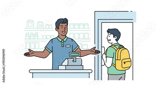 Friendly shopkeeper welcoming customer into store with open arms and a cash register