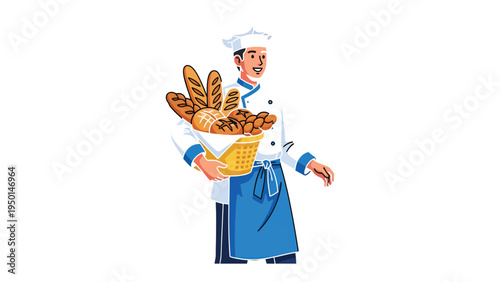 Baker with Freshly Baked Goods: A smiling baker carries a wicker basket overflowing with golden loaves and freshly baked bread, exuding the warmth of the bakery and the aroma of a delicious breakfast.