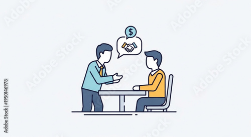 Two businessmen negotiating financial agreement at a table with money and handshake concept