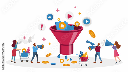 People using megaphones and shopping carts around a marketing funnel